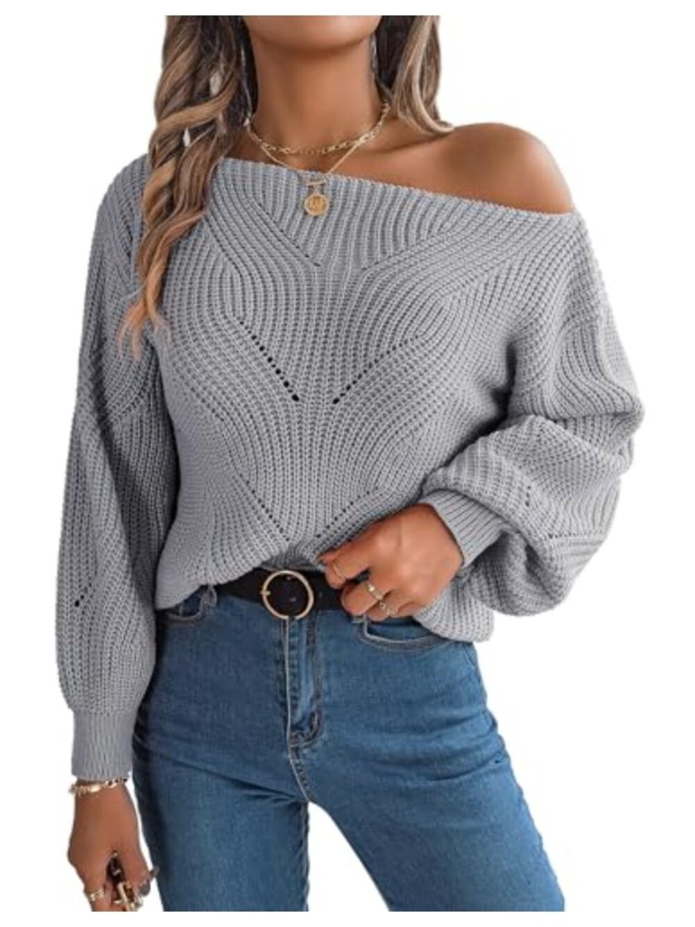 Off Shoulder Crochet Hollow Knit Sweater Batwing Long Sleeve Pullover Top